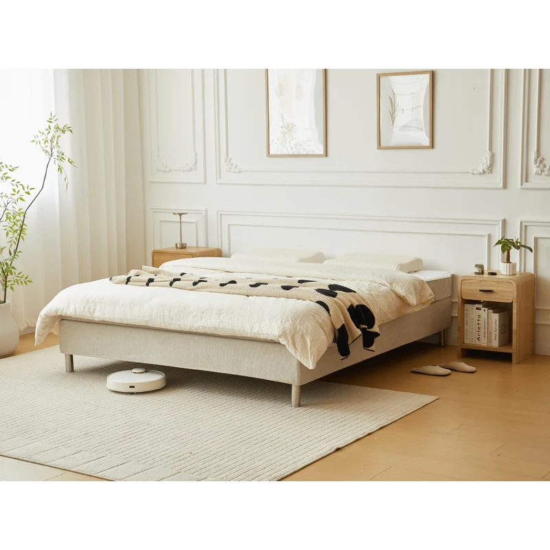 Premium Boxspringbett in Beige 180x200 cm mit 7 cm Memoryschaum-Topper, inkl. Bettbeine in Chrom