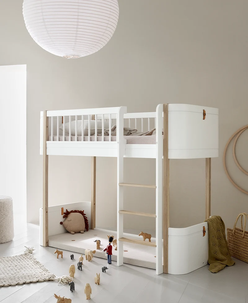 Oliver Furniture - Mini+ Kinder Hochbett halbhoch, 68x162 cm, Weiß/Eiche