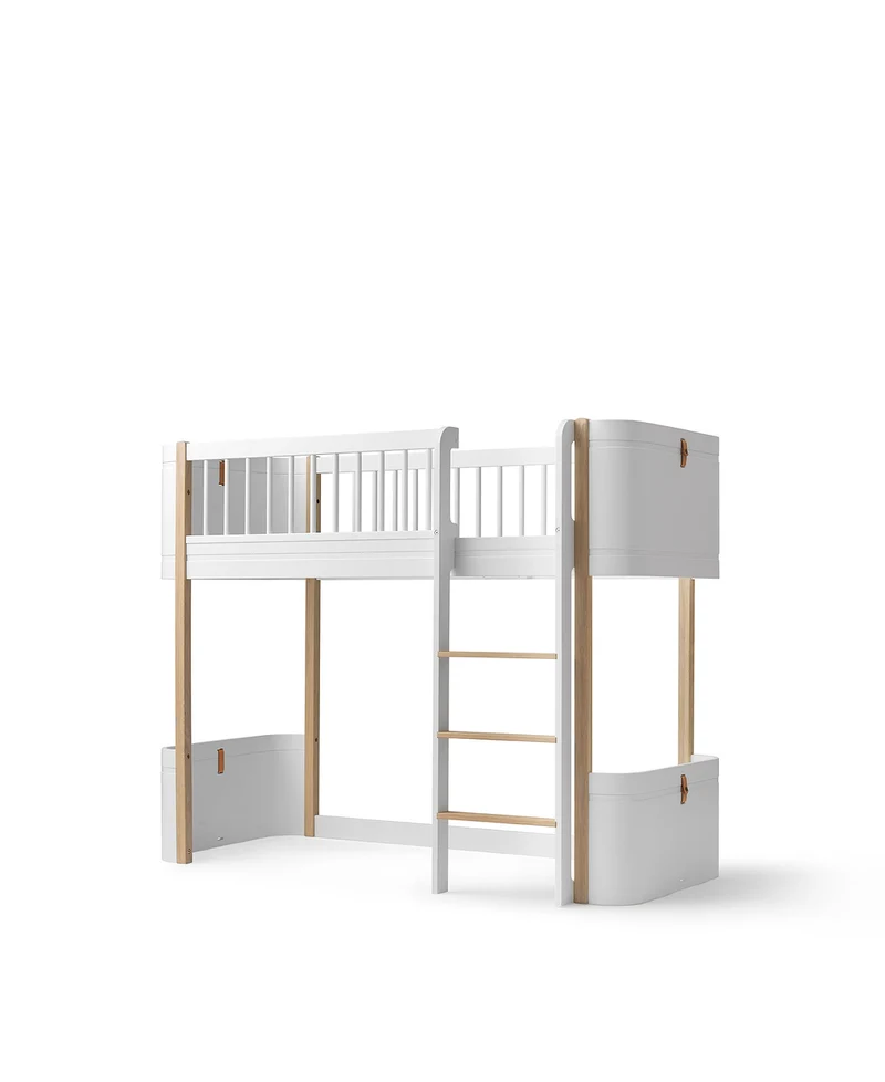 Oliver Furniture - Mini+ Kinder Hochbett halbhoch, 68x162 cm, Weiß/Eiche