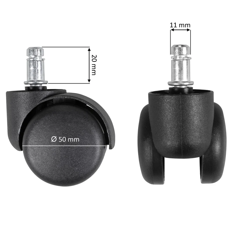 Bürostuhlrollen Set 5 Stk gebremst 11mm Stift 50mm Schwarz Teppich
