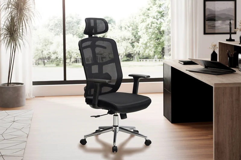 Bürostuhl Schwarz Mesh ergonomisch höhenverstellbar mit Kopfstütze