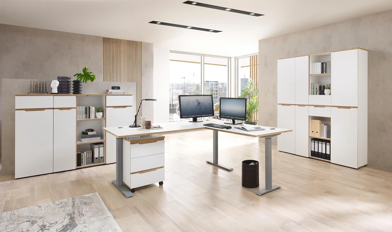 Komplettbüro MEMPHIS X 8-teilig in Weiß supermatt & Eiche inkl. Tisch