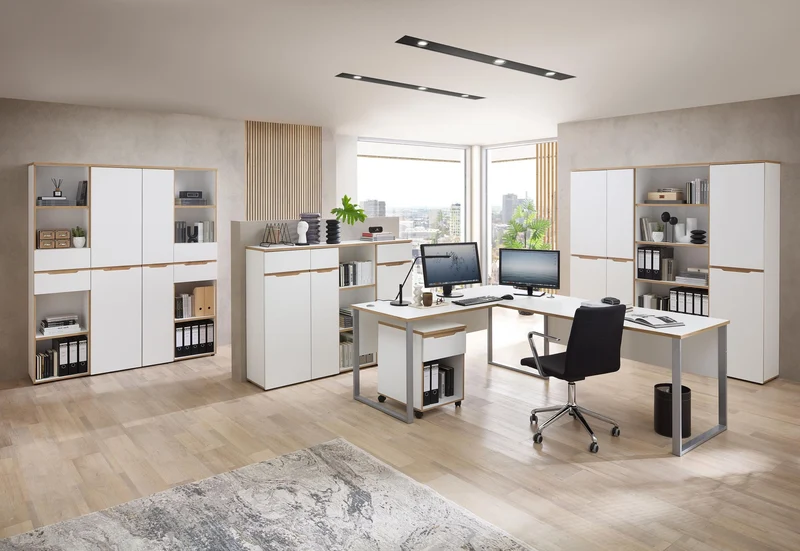 Büroregal MEMPHIS Weiß supermatt & Artisan Eiche – 2 Schubkästen