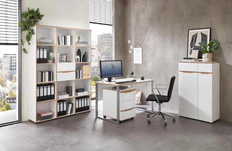 Büroregal MEMPHIS Weiß supermatt & Artisan Eiche – 2 Schubkästen