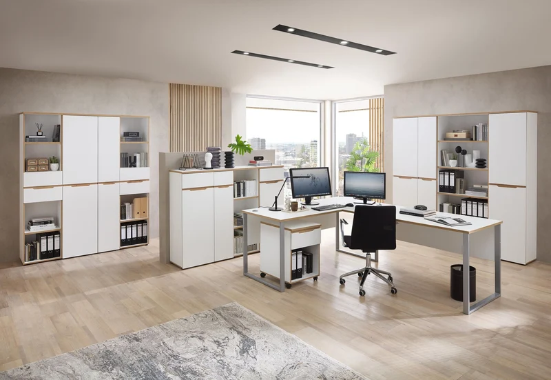 Büroschrank MEMPHIS 1-türig WH05 Front Weiß supermatt & Artisan Eiche