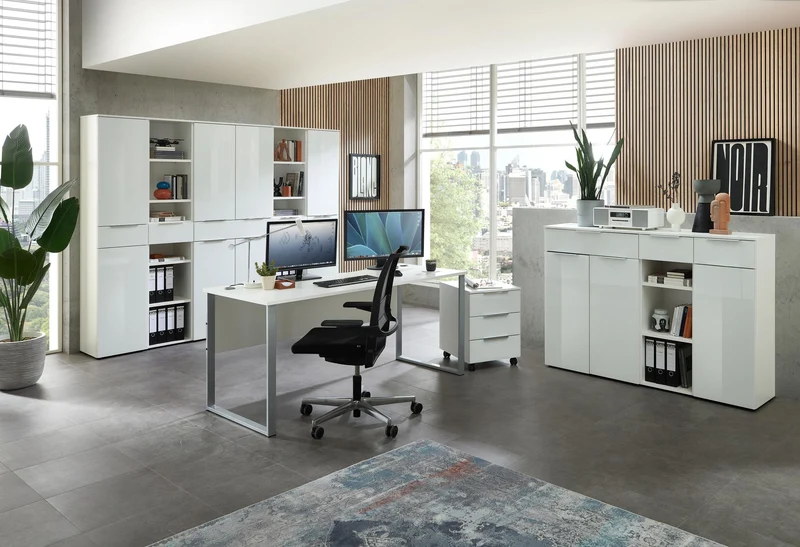 10-tlg. Komplettbüro SANTORIN III Weiß & Glas – Schreibtisch 170cm