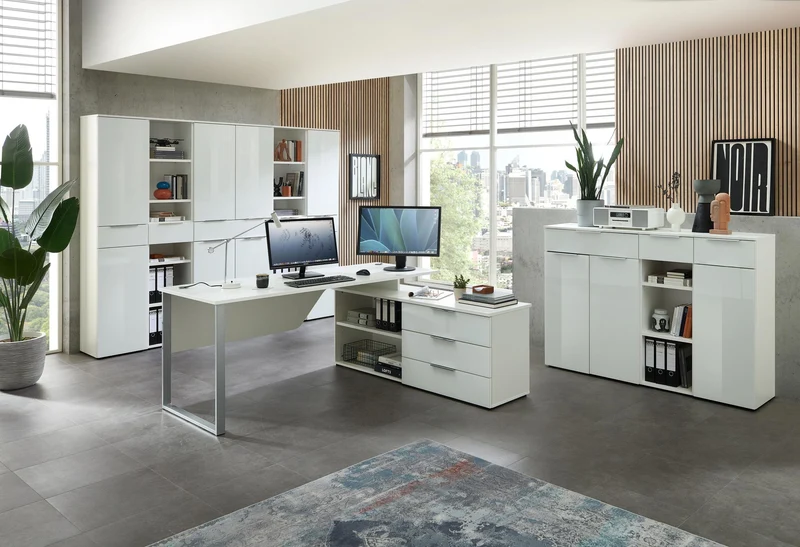 9-tlg. Komplettbüro SANTORIN II Weiß & Glas – inkl. Eckschreibtisch