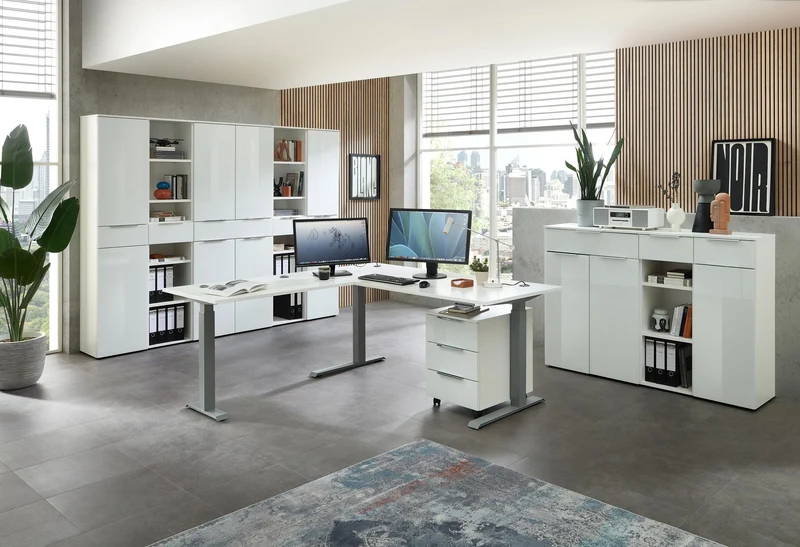 10-tlg. Komplettbüro SANTORIN Weiß & Glas – inkl. Eckschreibtisch