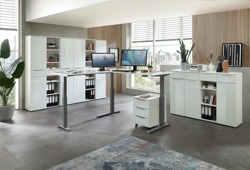 10-tlg. Komplettbüro SANTORIN Weiß & Glas – inkl. Eckschreibtisch