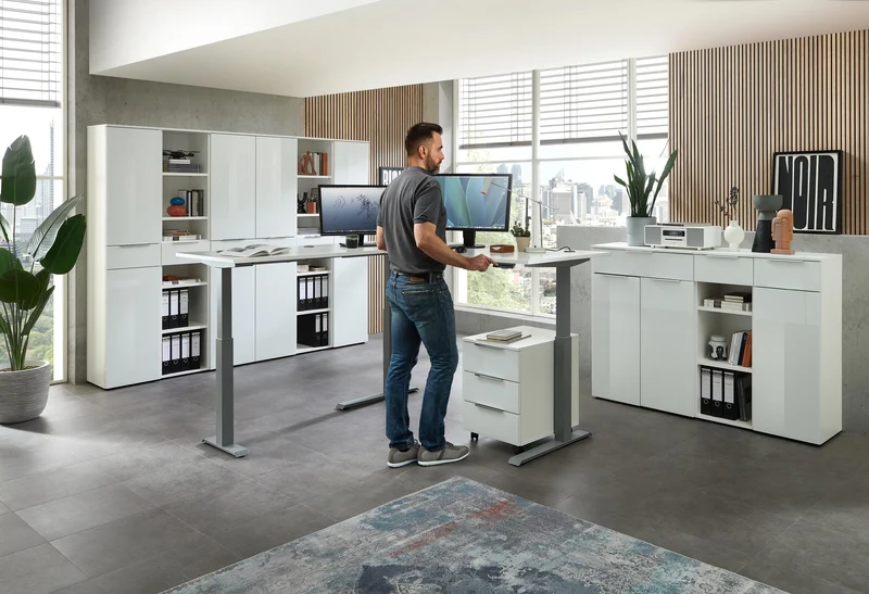 10-tlg. Komplettbüro SANTORIN Weiß & Glas – inkl. Eckschreibtisch