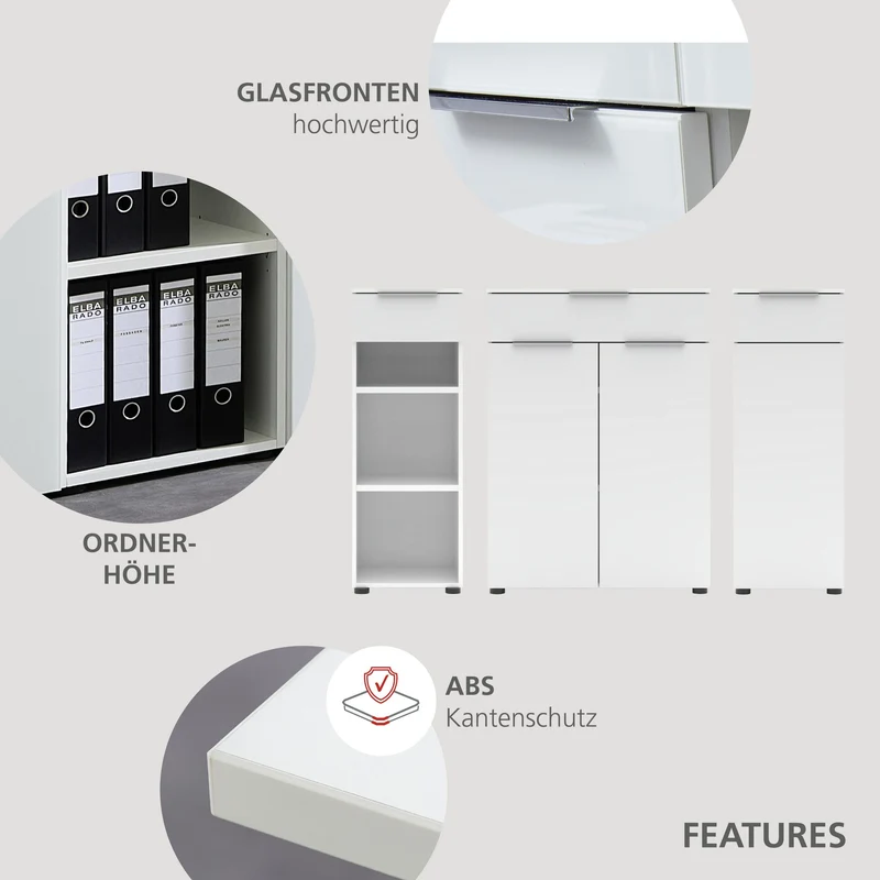 Büroregal SANTORIN Weiß & weißes Glas – schmal 40x110 cm