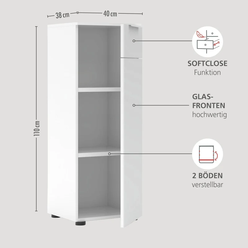 Schmaler Aktenschrank SANTORIN Weiß & weißes Glas – 40x110 cm