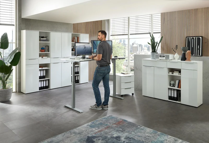 Schmaler Aktenschrank SANTORIN Weiß & weißes Glas – 40x110 cm