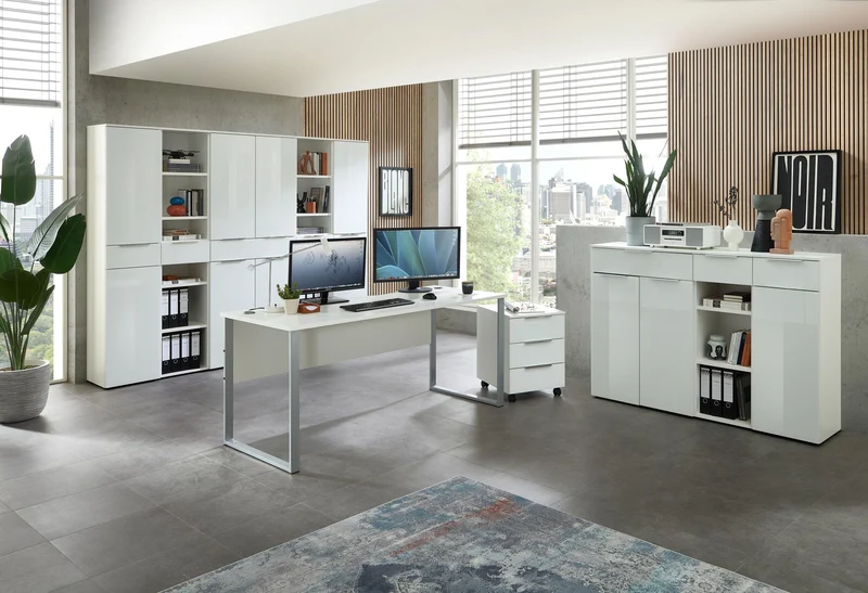 Büroschrank SANTORIN Weiß & weißes Glas – 80x110 cm