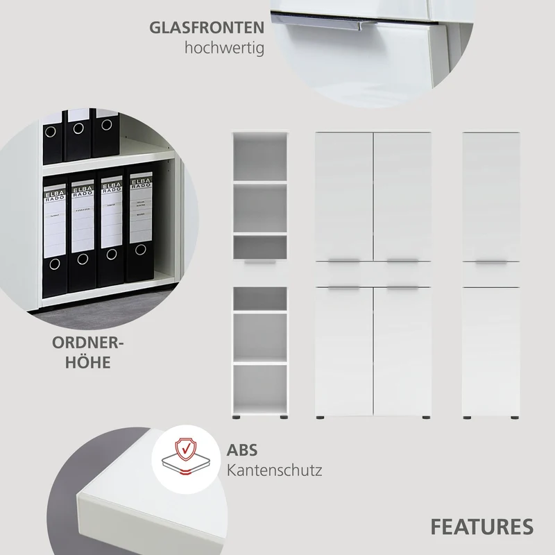 Büroregal SANTORIN Weiß & weißes Glas – schmal 40x198 cm