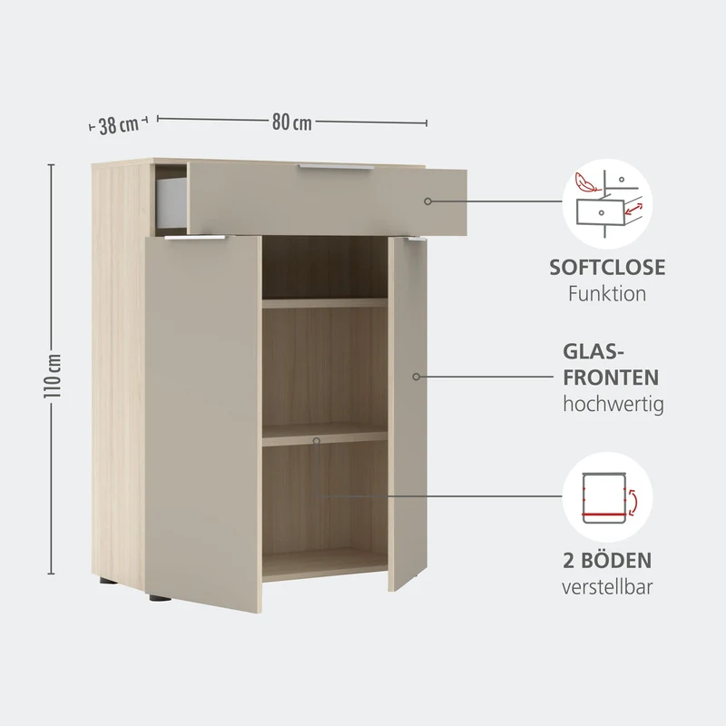 Komplettbüro Büro-Set SANTORIN VIII Riva Eiche & Glas Cashmere 7-teilig