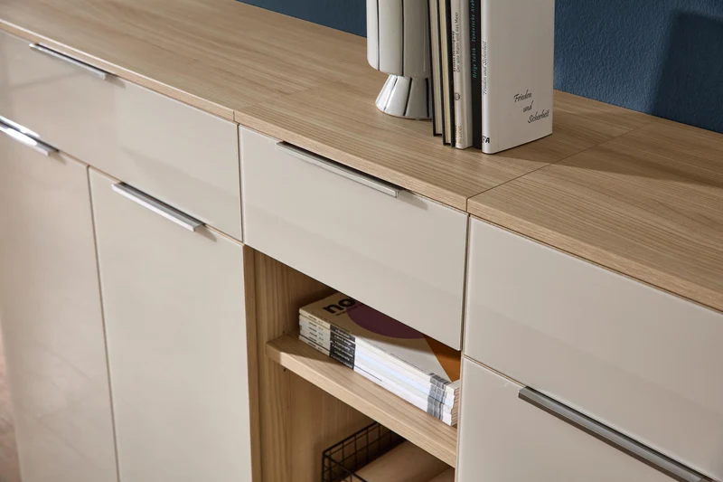 Komplettbüro Büro-Set SANTORIN V Riva Eiche & Glas Cashmere 7-teilig