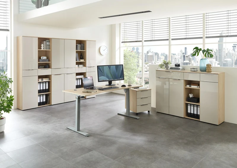 Komplettbüro SANTORIN IV Riva Eiche & Glas Cashmere 10-teilig