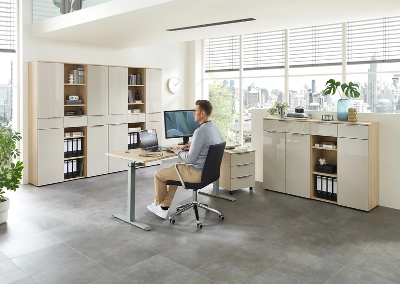 Komplettbüro SANTORIN IV Riva Eiche & Glas Cashmere 10-teilig