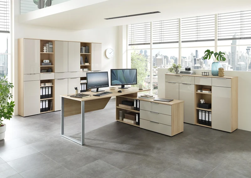 Komplettbüro SANTORIN II Riva Eiche & Glas Cashmere 9-teilig
