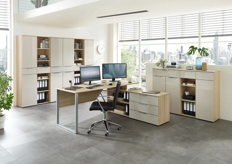 Komplettbüro SANTORIN II Riva Eiche & Glas Cashmere 9-teilig