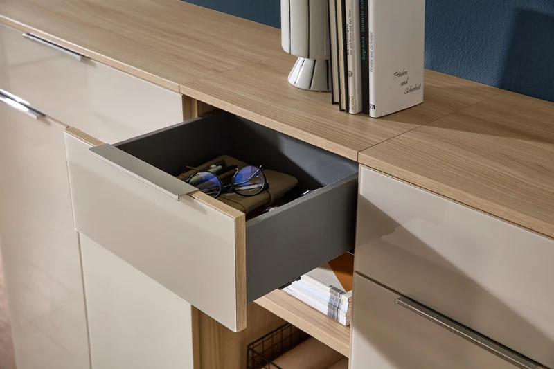 Komplettbüro SANTORIN II Riva Eiche & Glas Cashmere 9-teilig