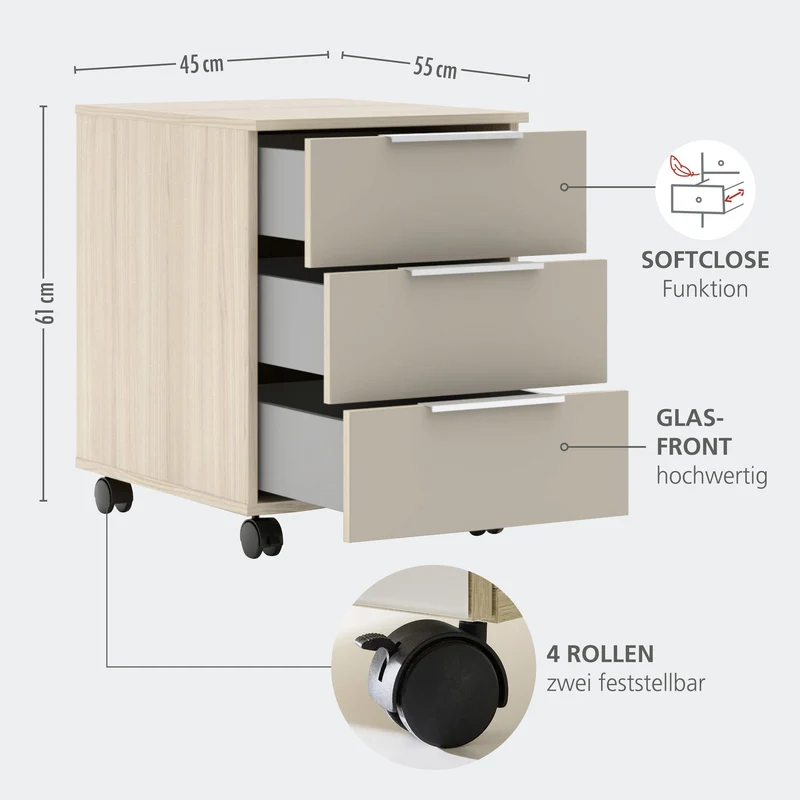 Rollcontainer SANTORIN Riva Eiche & Glas Cashmere 3 Schubkästen