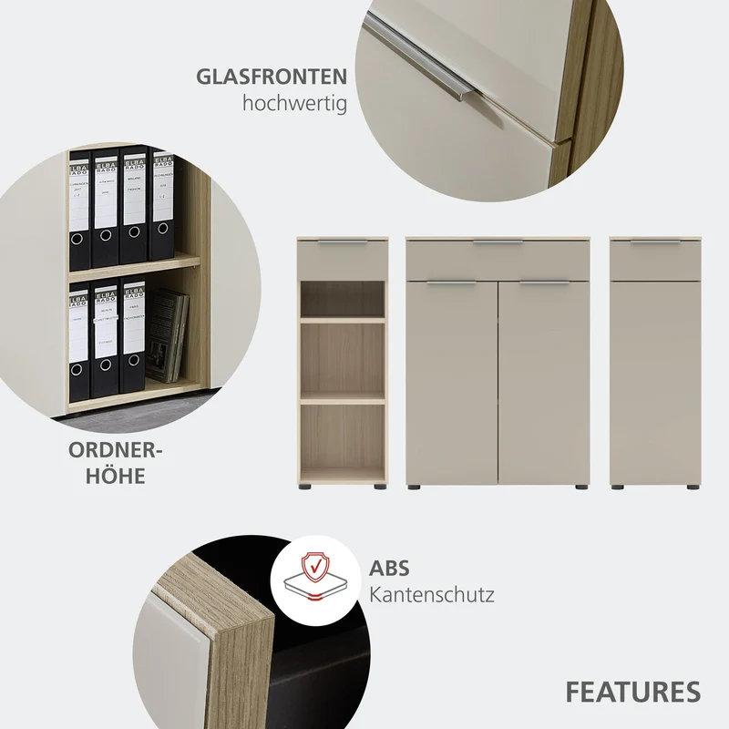 Büroregal SANTORIN 40 cm Riva Eiche & Glas Cashmere 110 cm Hoch