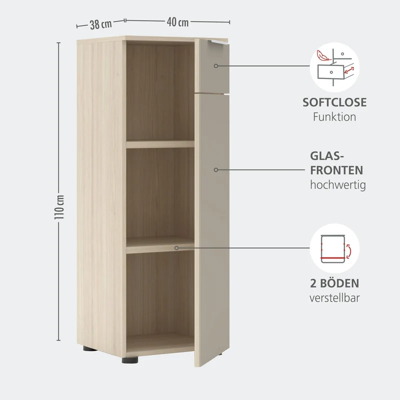 Kompakter Büroschrank SANTORIN Riva Eiche & Glas Cashmere 110 cm