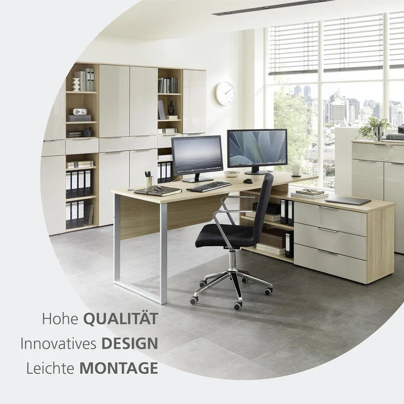 Büroschrank SANTORIN Riva Eiche & Glas Cashmere 110 cm Hoch