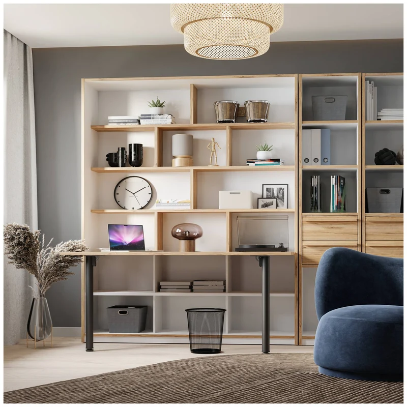Bücherregal S-ROOM mit Klapptisch-Funktion in Weiß und Catania Eiche