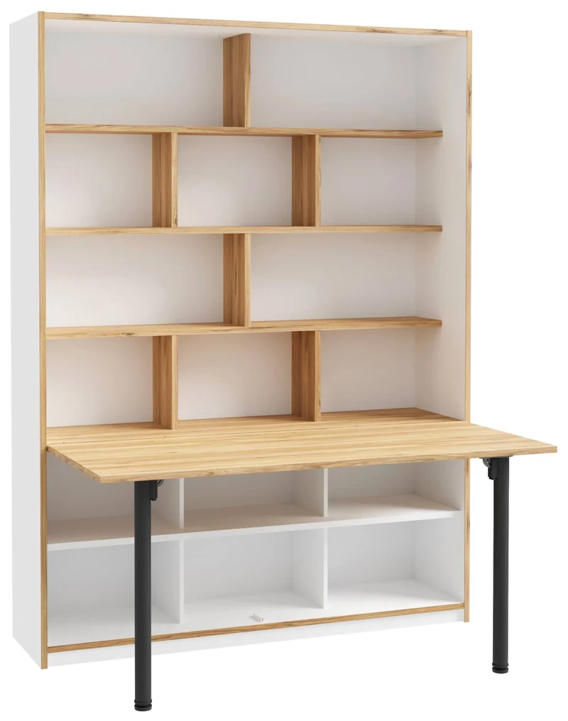 Bücherregal S-ROOM mit Klapptisch-Funktion in Weiß und Catania Eiche