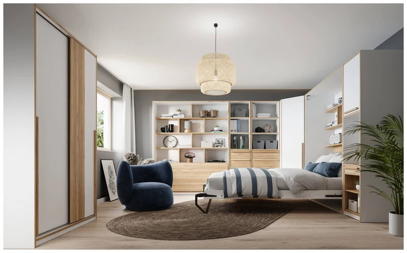 Bücherregal S-ROOM mit Klapptisch-Funktion in Weiß und Catania Eiche
