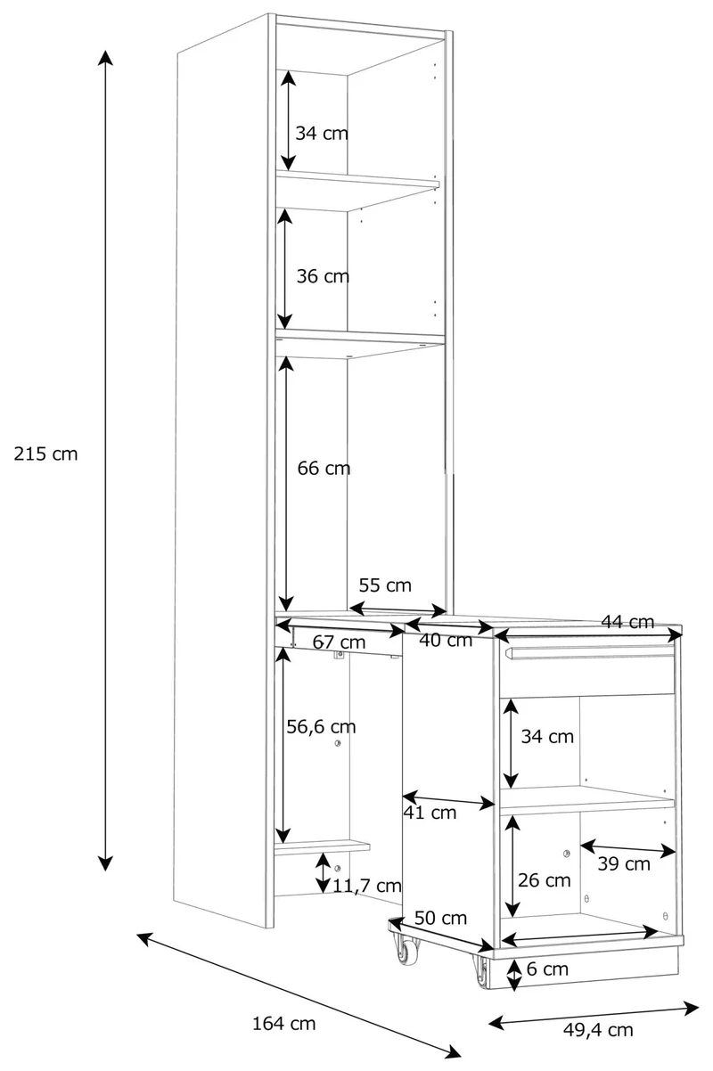 Multifunktions-Regal S-ROOM mit ausziehbarem Rollcontainer und Ablage