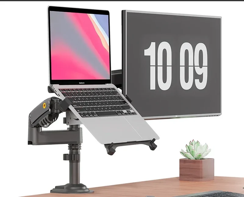 Gasfeder-Dual-Arm für Monitor (17–27 Zoll) und Laptop (10–17 Zoll) – Höhenverstellbar – Matte Holzkohle