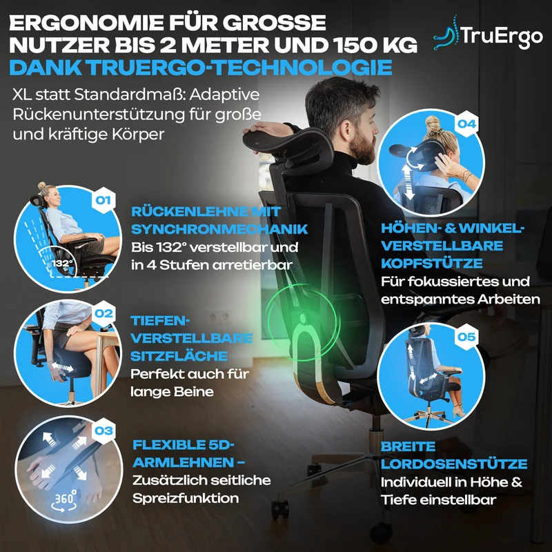 VALKENSTOL M8 - Premium ergonomischer Bürostuhl für große Nutzer bis 2,00 m