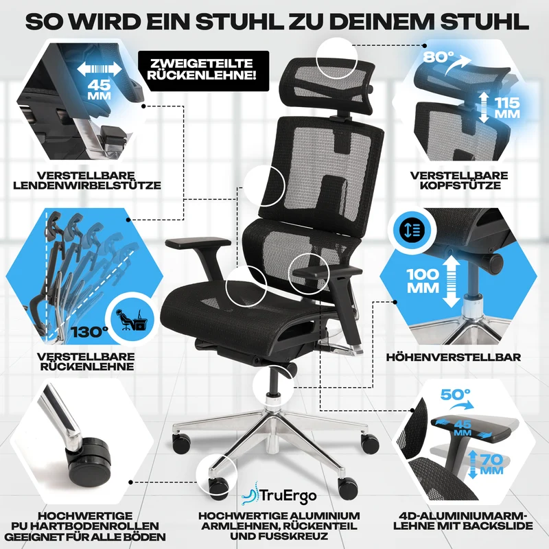 VALKENSTOL M7 - High-End Business Bürostuhl mit adaptiver Lordosenstütze