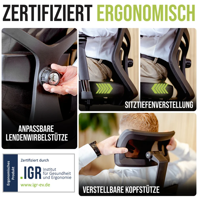 Ergonomischer Bürostuhl mit 4D Armlehnen, FineMesh & Silent Wheels