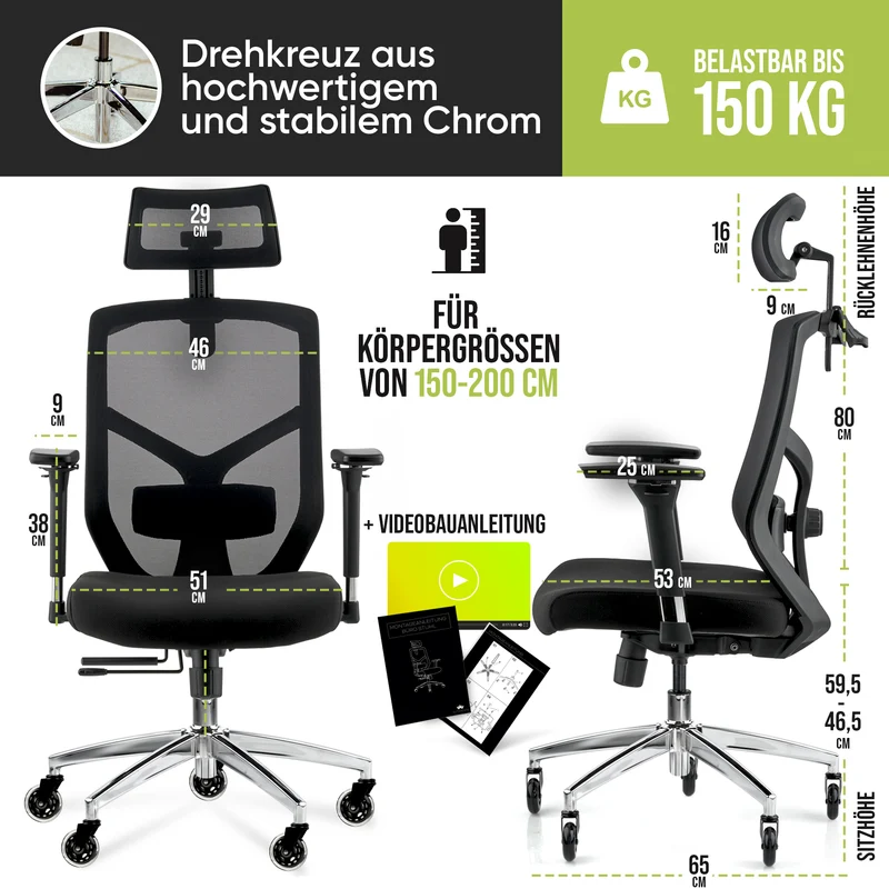 Ergonomischer Bürostuhl mit 4D Armlehnen, FineMesh & Silent Wheels