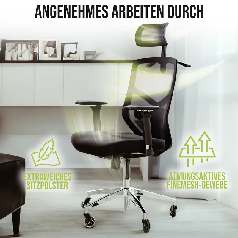 Ergonomischer Bürostuhl mit 4D Armlehnen, FineMesh & Silent Wheels