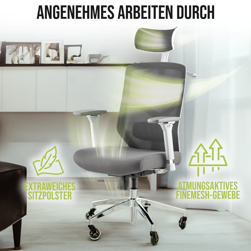 Ergonomischer Bürostuhl mit 4D Armlehnen, FineMesh & Silent Wheels