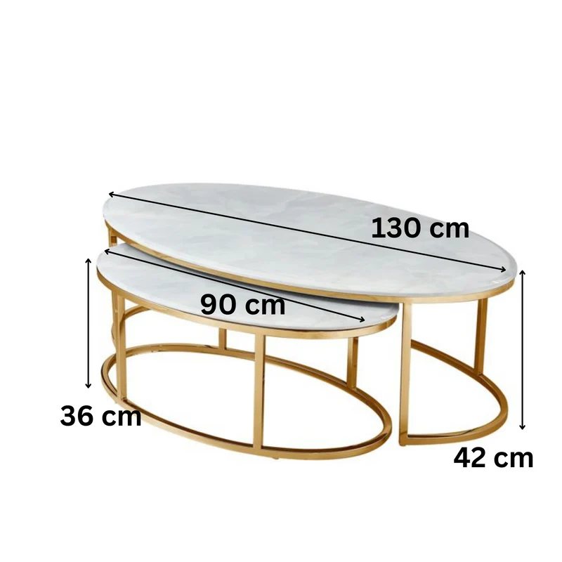 Couchtisch 2er Set oval in Marmor-Optik– 130 x 70 x 42 cm / 90 x 52 x 36 cm