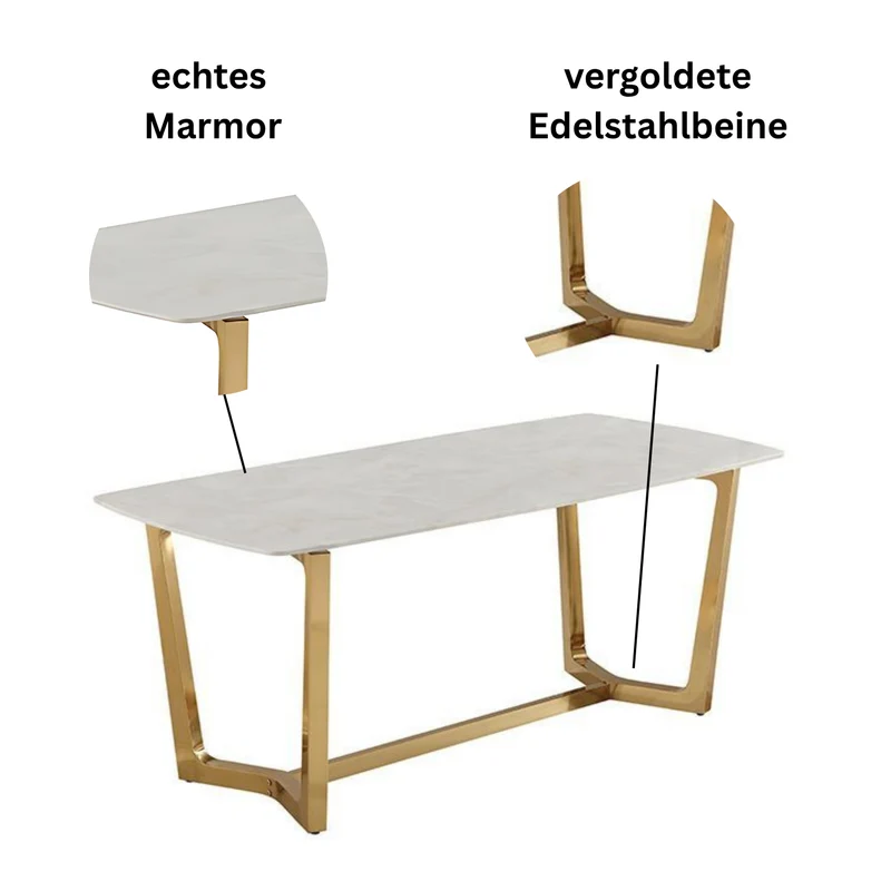 Moderner Esstisch in weißer Marmor-Optik mit Edelstahlbeinen – 180 x 90 x 76 cm