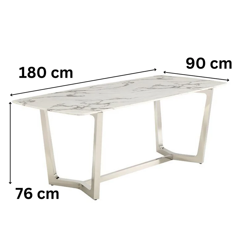 Moderner Esstisch in weißer Marmor-Optik mit Edelstahlbeinen – 180 x 90 x 76 cm