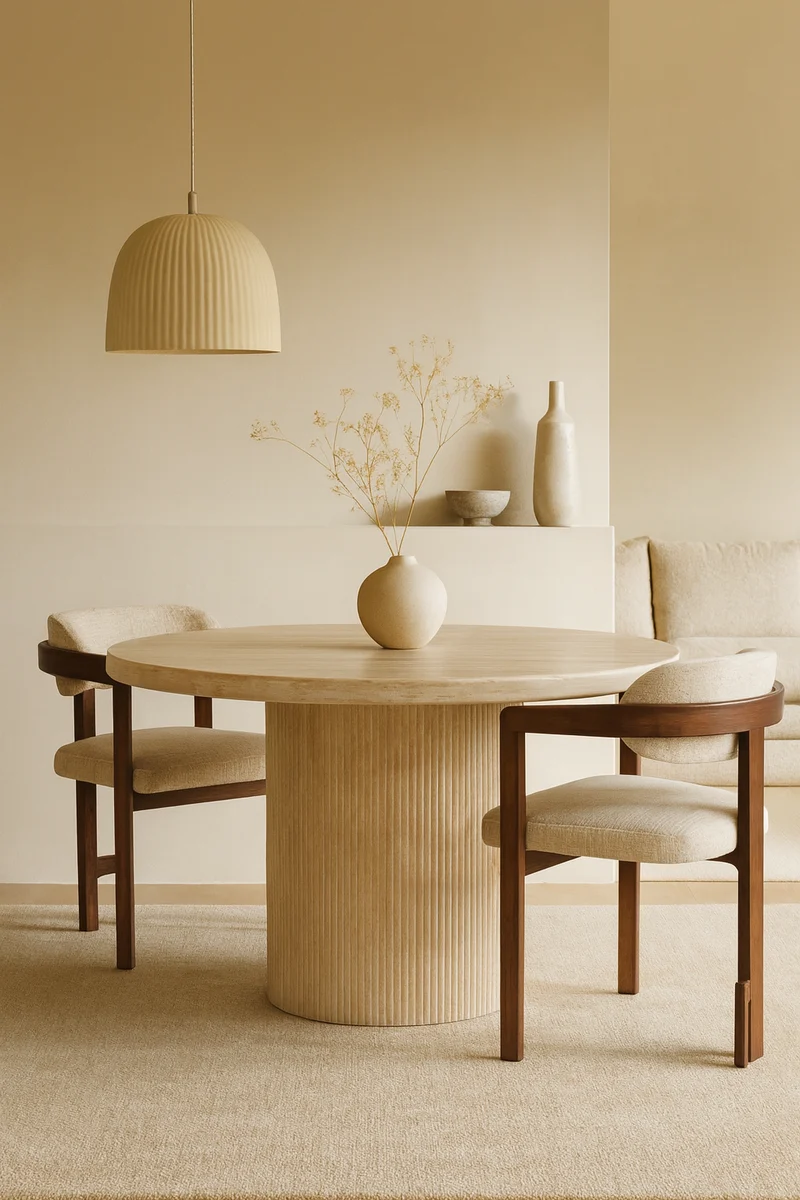 Moderne Esstisch mit Travertin-Tischplatte edle Tischbeine im Säulenstil 130 X 75 cm rund beige