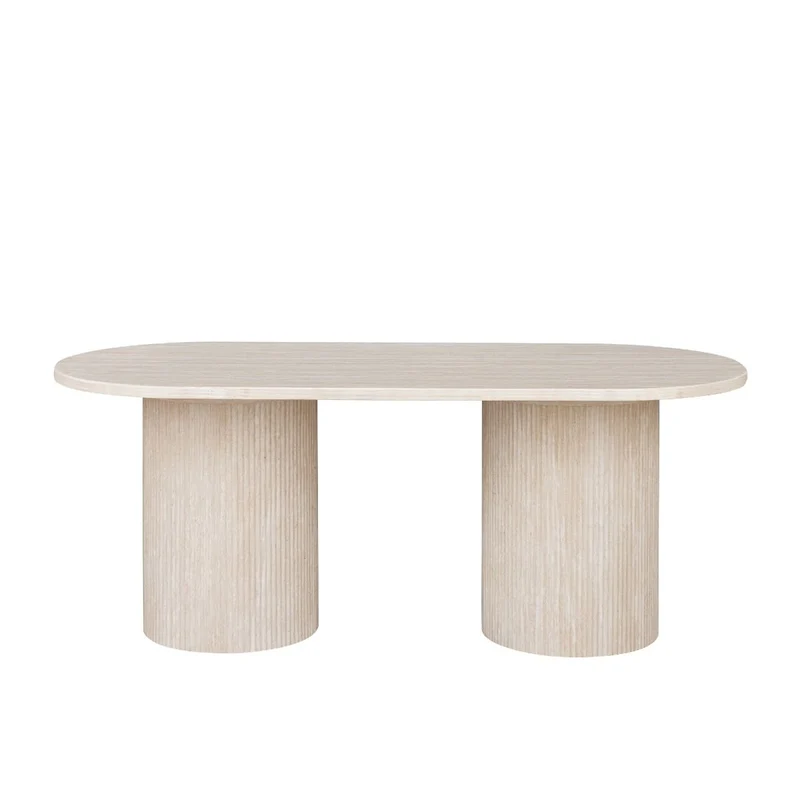 Moderne Esstisch Trivento mit ovaler Travertin-Tischplatte edle Tischbeine im Säulenstil 200 X 100 X 75 cm beige