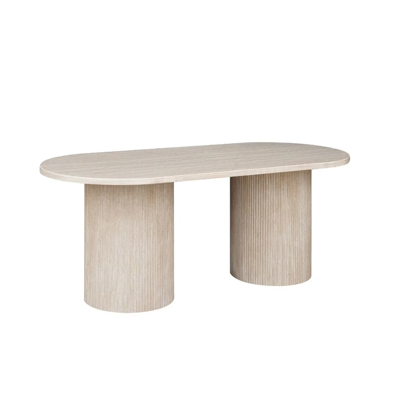 Moderne Esstisch Trivento mit ovaler Travertin-Tischplatte edle Tischbeine im Säulenstil 200 X 100 X 75 cm beige