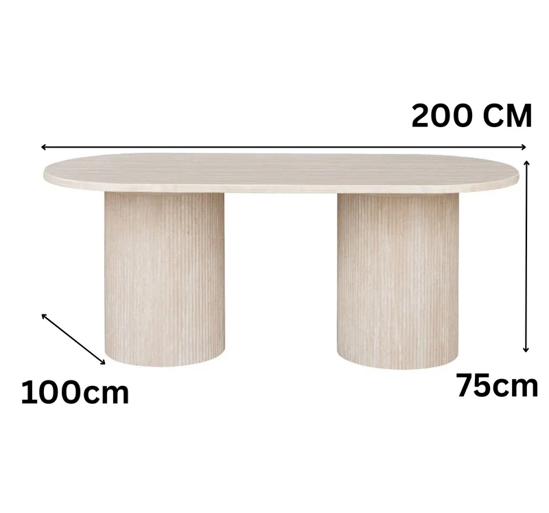 Moderne Esstisch Trivento mit ovaler Travertin-Tischplatte edle Tischbeine im Säulenstil 200 X 100 X 75 cm beige