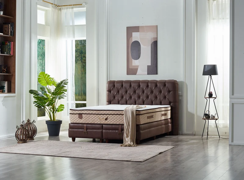 Boxspringbett HEAVEN Cognac Set Samt Matratze Topper inklusive 160x200 - 180x200