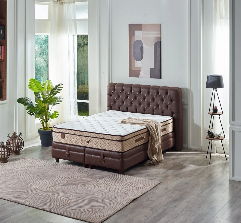 Boxspringbett HEAVEN Cognac Set Samt Matratze Topper inklusive 160x200 - 180x200